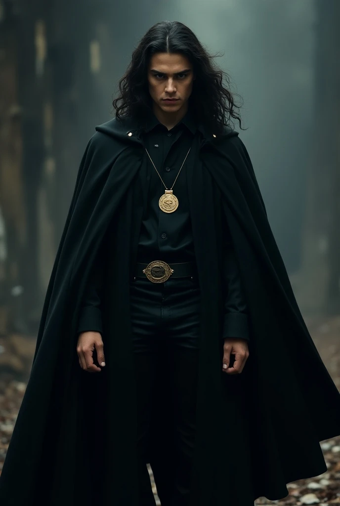  A Harry Potter ,dressed in a black cape,with a medal on the cover , universe-like wizard with the most powerful wand in the world,with black pants,black hair,black eyes,light skin,with a fierce look.