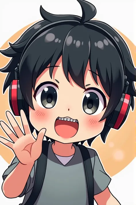  masterpiece  ,anime style ,Chibi,illustrated logo ,medium close up ,  emote for a boy with black hair  ,To use headphones  , that have braques in their teeth  , who is emotionally waving at the camera
