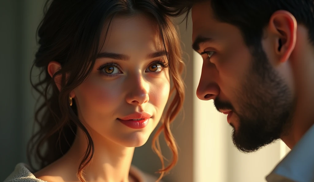  A woman looking intently at a man with a sweet smile, her eyes glowing with curiosity and interest 