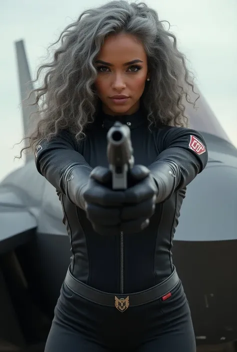 A beautiful youthful looking Filipino version of Ariana Grande as a 50 years old woman with long curly compl etely gray hair as the superhero Daisy Johnson from A gents of S.H.I.E.L.D wearing a Daisy Johnson outfit lea ning on a f 35 holding a gun in her h...