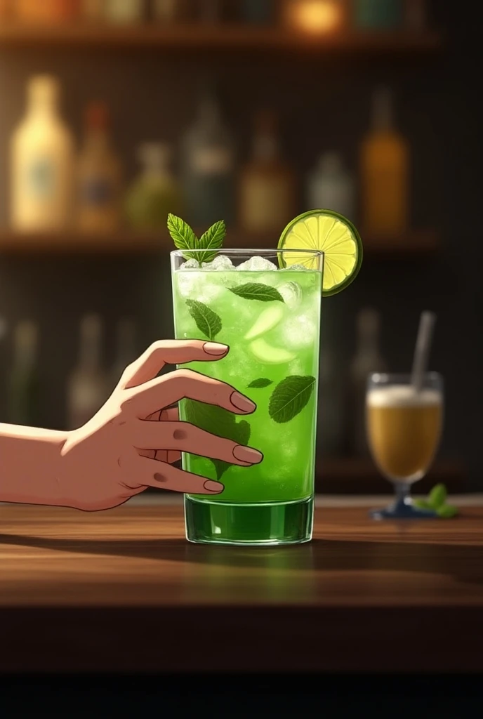 Photo, anime, mano  holding a glass  de mojito, boys hand ,  hand with short nails, delicate,  holding a glass , background bar