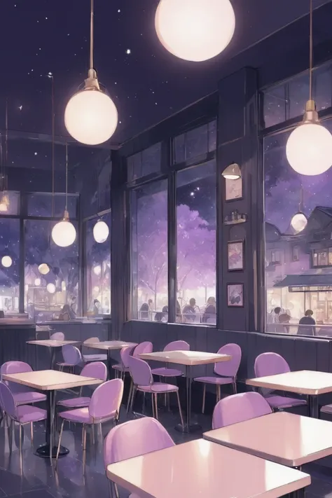 lowfidelityart,pastel, people in the night cafe 、 with pale pink chairs and 。outside is a purple night sky 、the moonlight is shi...