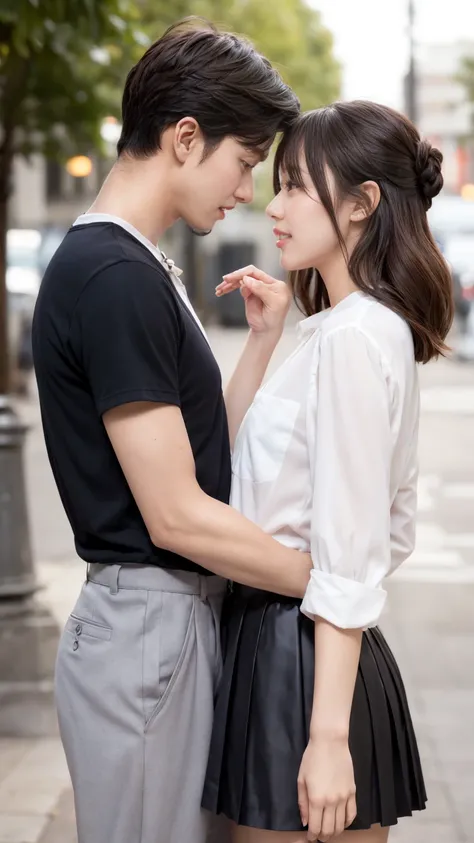 Overall light pastel tones　Men and women embracing each other facing forward 1:1 、I love you、make out、Man touching woman、sexy Girls、blouse、ribbon、Short pleated skirt、Man and woman staring at each other、She&#39;s a nudist、Man is rubbing a womans chest、The w...