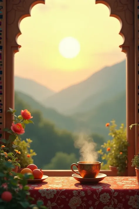 Create an attractive Sunday morning greeting image featuring a serene landscape of Pakistan, such as the northern mountains or a peaceful village scene. Include the current date and a weather update (e.g., "Sunny, 25°C") in an elegant font. Use warm colors...