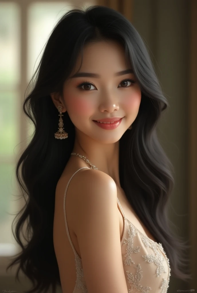 Pretty black-haired smiling woman in long skinny dress