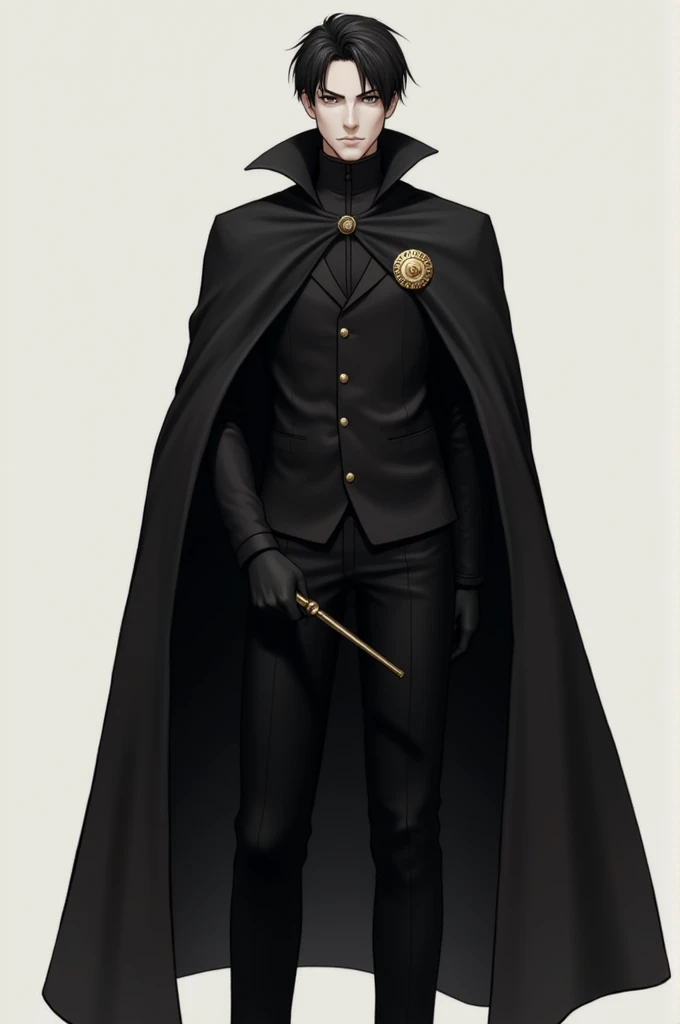 a, with an all-black cape , a medal on the right chest,with a wand in hand,light skin,short black hair,black eyes, black pants ,Look at Ira  