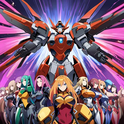 anime, high detailed, multiple womans, mature womans, shiny-like mecha armor, large mechanical wings, large gauntlet, serious, c...