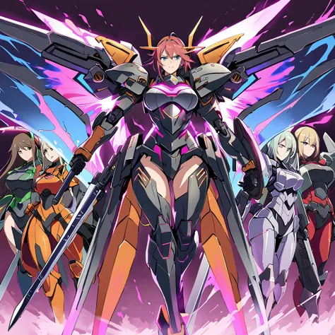 anime, high detailed, multiple womans, mature womans, shiny-like mecha armor, large mechanical wings, large gauntlet, serious, c...