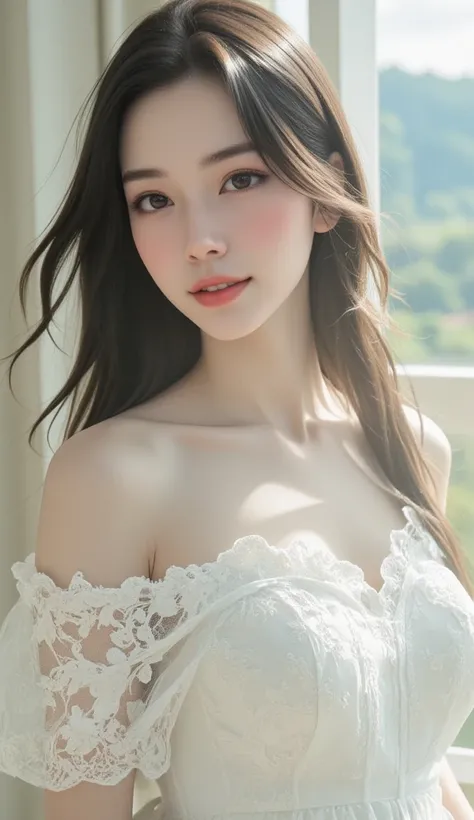 Portrait of a radiant 27-year-old Korean beauty, her long hair flowing elegantly, embodying grace and sophistication. Dressed in a pristine white lace dress, she appears ethereal, as if stepped out of a fairytale. The delicate lace patterns catch the light...