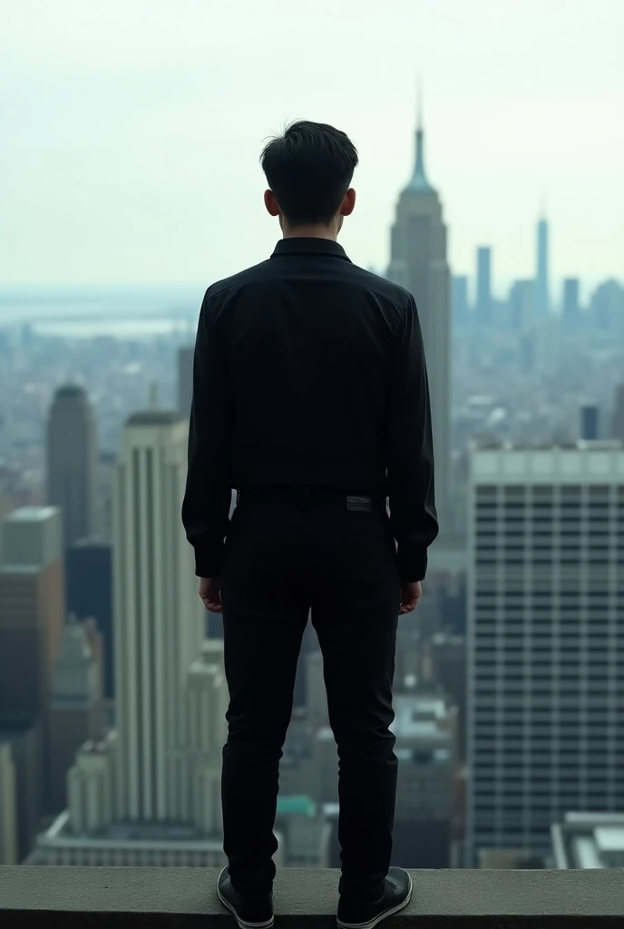 Man in a black blouse, black pants, black sneakers looking at the city without showing his face on the back