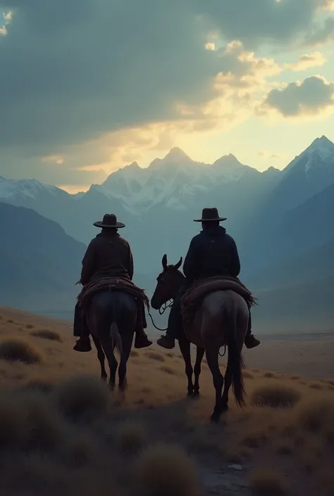 The sky darkens ,  long shadows approach ,  in the Bolivian Altiplano with mountains .  There TWO people indigenous Aymara Bolivian men of culture travel by donkey.