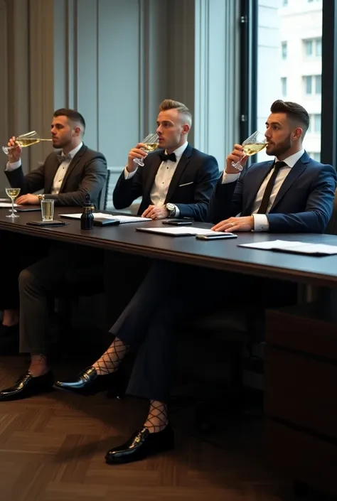 full length view, 3 different white handsome gay dapper office boys, with incredibly fashion preppy undercut haircuts, golden si...