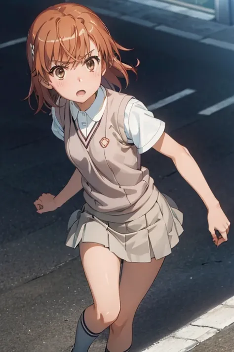 Mikoto misaka.、A Certain Scientific Railgun、girl、Small breasts、whole body,blush,Short sleeve blouse、Beige knit vest、Dark　grey plain pleated skirt、Loose socks below the knee,best quality,