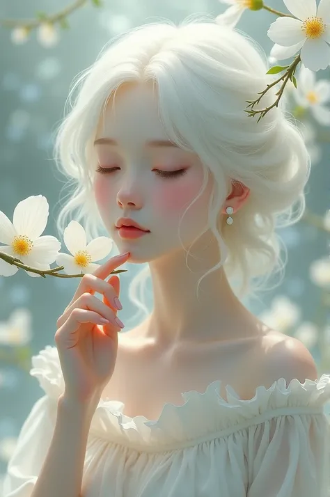  A beautiful girl with pure white hair , she closes her eyes .  Her lips touch the flower on the twig ,  white flowers make the girls beauty even more vivid,  her hands touch the flowers 