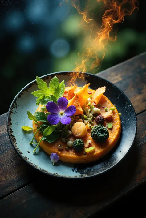 A hyper-realistic, close-up photograph of a botanical and nature-inspired gourmet dish, captured with a macro lens. The dish is arranged to evoke a natural scene, featuring delicate edible flowers, fresh herbs, microgreens, and artfully placed wild ingredi...