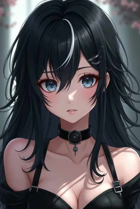 An anime girl who has black hair with a white lock and a black collar