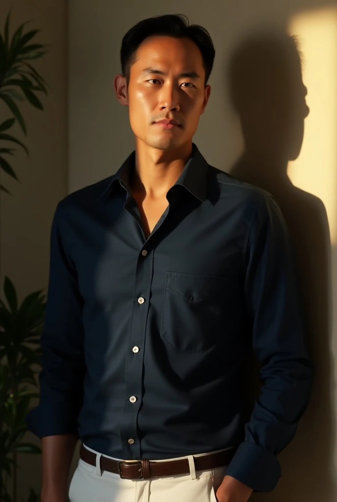 (photorealism:1.2), A photo of a southeastasian man with reciding hairline. He is wearing a darkblue button shirt and white pants. The background wall is beige, and there is a plant in the corner of the room. Sunlight is hitting his right side, creating a ...