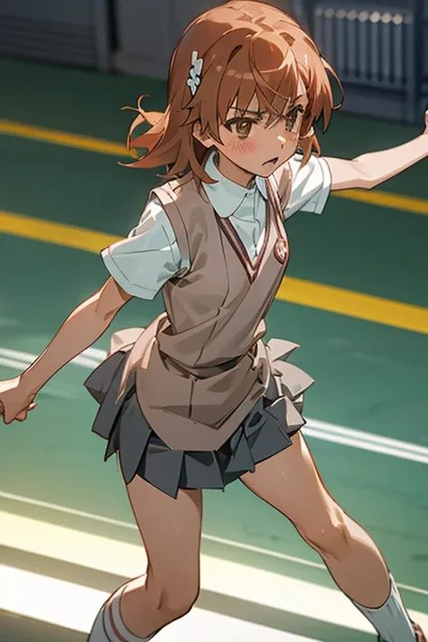 Mikoto misaka.、A Certain Scientific Railgun、girl、Small breasts、whole body,blush,Short sleeve blouse、Beige knit vest、Dark　grey plain pleated skirt、Loose socks below the knee,best quality,