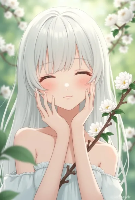  A beautiful girl with pure white hair , she closes her eyes .  Her lips touch the flower on the twig ,  the white flowers made the girls beauty even more vivid,  her hands touch the flowers . Her face raised  (anime)