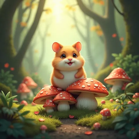 Hamster sitting on mushrooms in the forest。