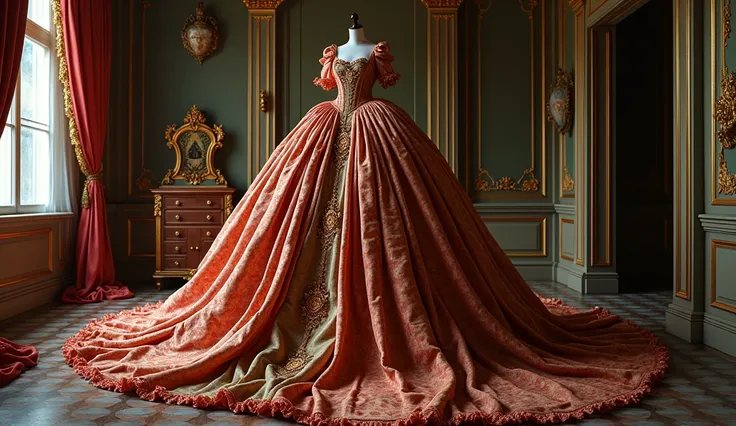  Dress from the 17th century era overflowing with fabric :  A ball gown that almost overflows the room due to the amount of fabric, showing how overwhelming it was to wear so many layers .