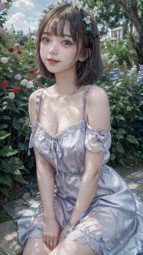 One young beautiful girl、(round face)(Big eyes、Droopy eyes、Blue Eyes), (Laugh with your mouth slightly open)、(Platinum silver hair、Straight short bob hair), ( Scenery full of flowers、 Light shining through the sky ,  colorful flowers surround the girl)、red...