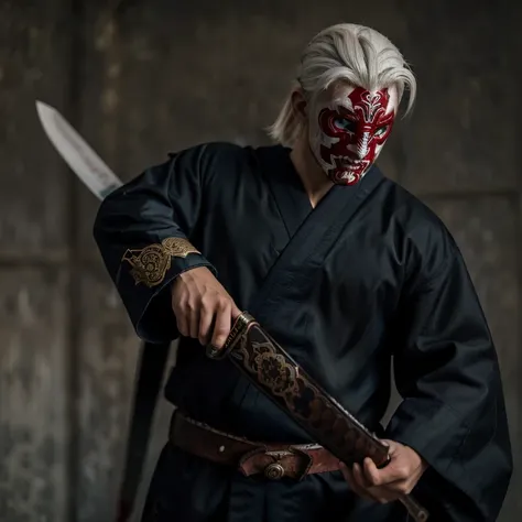 A young Caucasian male with striking white hair is adorned in a traditional Japanese half Oni samurai mask, wielding a beautifully crafted Damascus katana. Specks of blood add a touch of realism to the scene, set against the backdrop of a serene dawn. This...