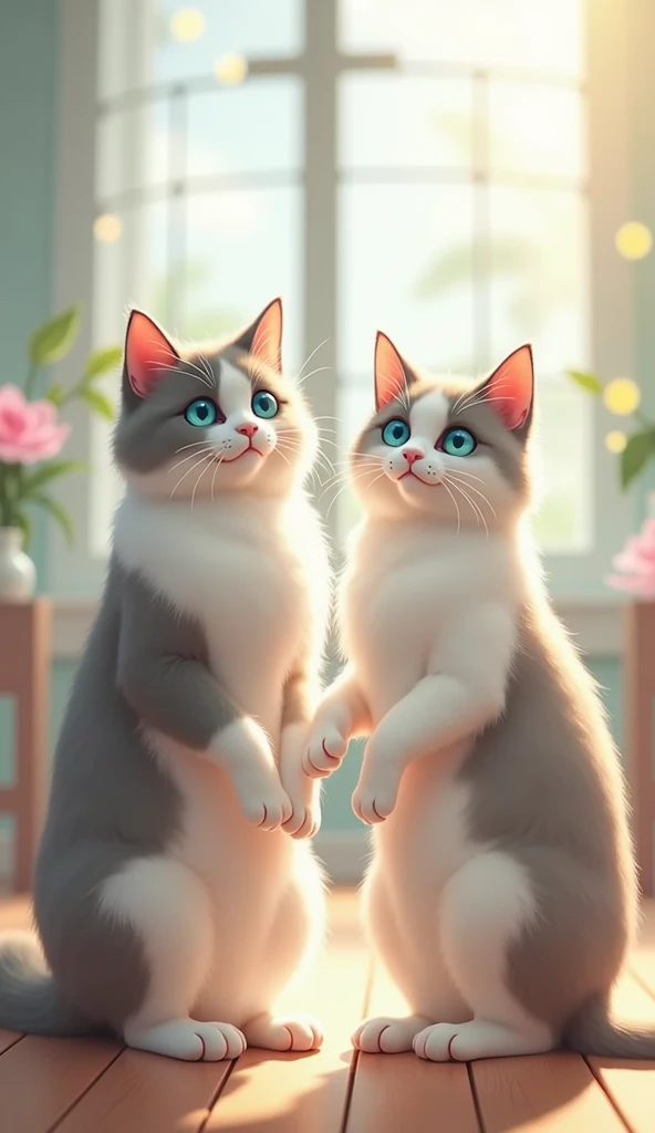  express a heartwarming story with slightly deformed cats， Cats stand on their back legs like humans ，Cats are white from their nose down and stomach side ， Cats are gray above their nose and back sides and have no pattern ， What kind of cat is a Norwegian...