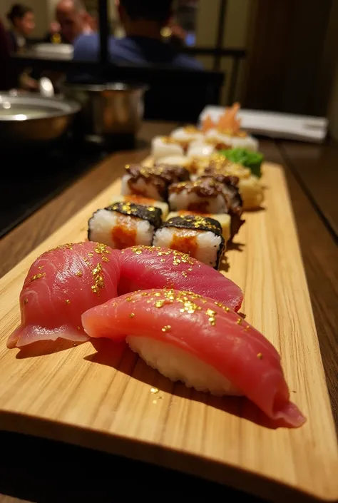 a luxurious sushi platter with fresh sashimi, intricate rolls, and gold flakes, served on a sleek wooden board in an upscale jap...