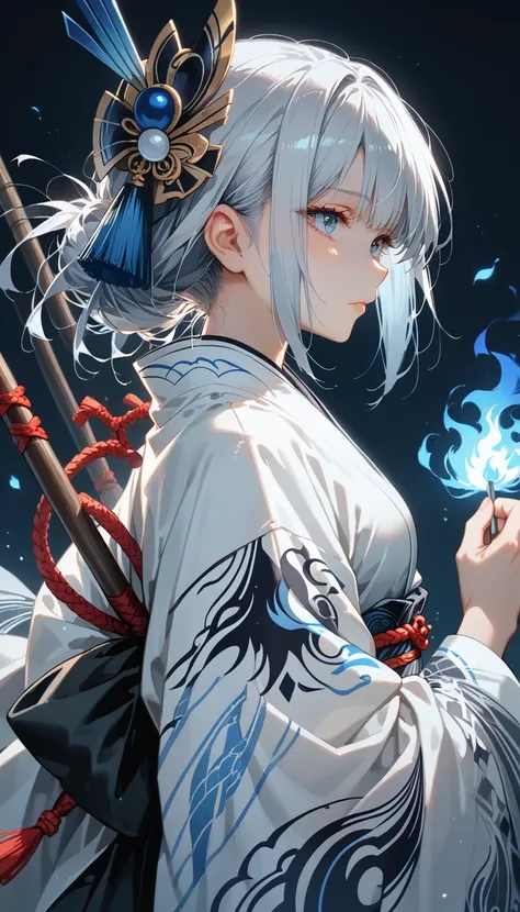 ((Takiyashachihime)) (Long spear), (Beautiful white kimono), (Blue flame pattern), (Long silver hair) (Black tips), ((Takiyashachihime))