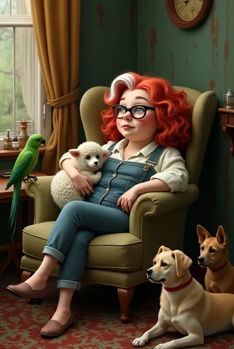 Adult red-and-white-haired lady with glasses sitting on an armchair who is hammocking herself holding a sheeple in her chair a green parrot and next to her 4 dogs and 2 ren and a fat lady with loose red hair