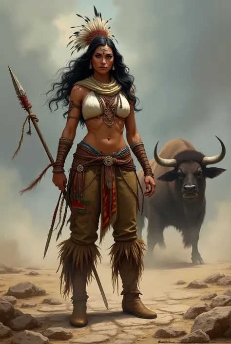  A fierce Indian warrior woman with wavy black-brown hair and a large headdress on her forehead.  Dressed in brown tassel pants decorated with patches , hair, and badge ,  he wore a white top and beige scarf around his neck . Big breast, f cup, Sambil meme...