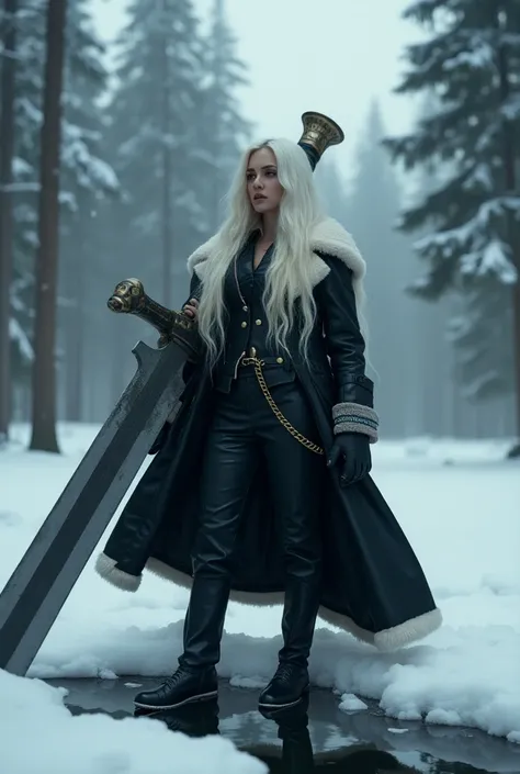  woman, long wavy white hair, He wears a black leather jacket that resembles that of a general with gold buttons for the cold with white fur,  a labris with a blade larger than the girls body , She is resting on her shoulder , She is in the middle of a pin...