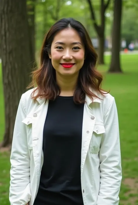 man standing in an outdoor environment , surrounded by trees.  He wears a white jacket and a black t-shirt. Her hair is long and wavy,  and has makeup that highlights their features , including lips painted red . The person smiles,  showing a friendly and ...