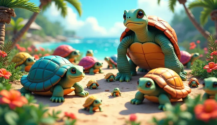 Many large and small turtle in 3D colors cartoon.