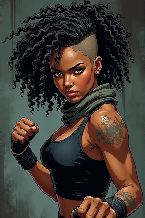  Create comic Marvel Manhwa . Black woman, CURLY HAIR, Side of the shaved hair ,  cyberpunk tattoo on the arm ,  striking brown eyes ,wearing a black tank top, scarf around the neck, serious expression, fighting position,  panel in a dark and frayed ring