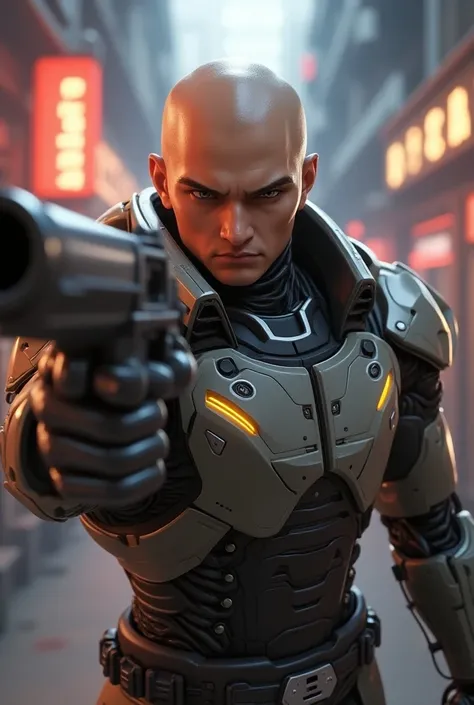  Overwatch game-style image . Filipino man , bald,  with a human head and robot body ,  carrying a laser gun in his right hand 
