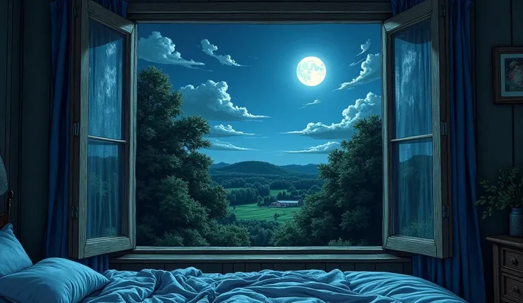  View from the bedroom of a farm house , drawing style,  we see an open window in the background trees in dark green colors, dark blue sky with clouds and a full moon.