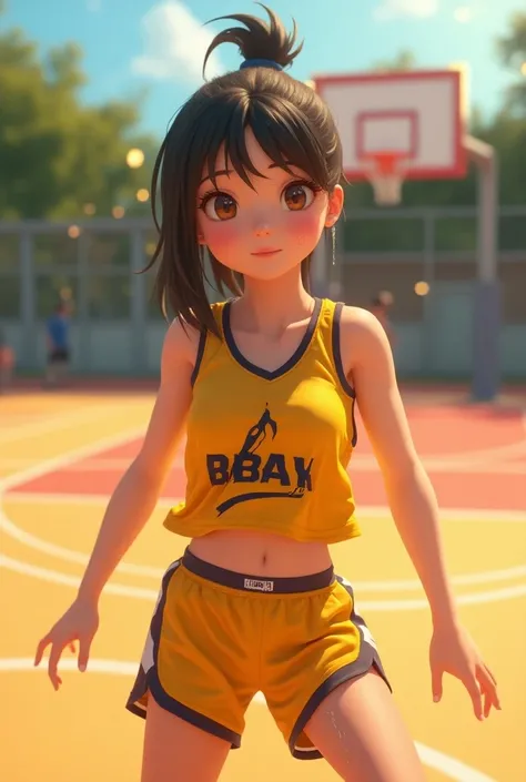  a Japanese teenager wearing a yellow NBA jersey, NBA yellow crop top t-shirt ,  wearing a low cut crop top , wearing a crop top, croptop, Light Dorado, (flicker), Shirobako, big)}], Favorite scene, Fine details. animated. Battery, sweating, Pechos bigs, s...