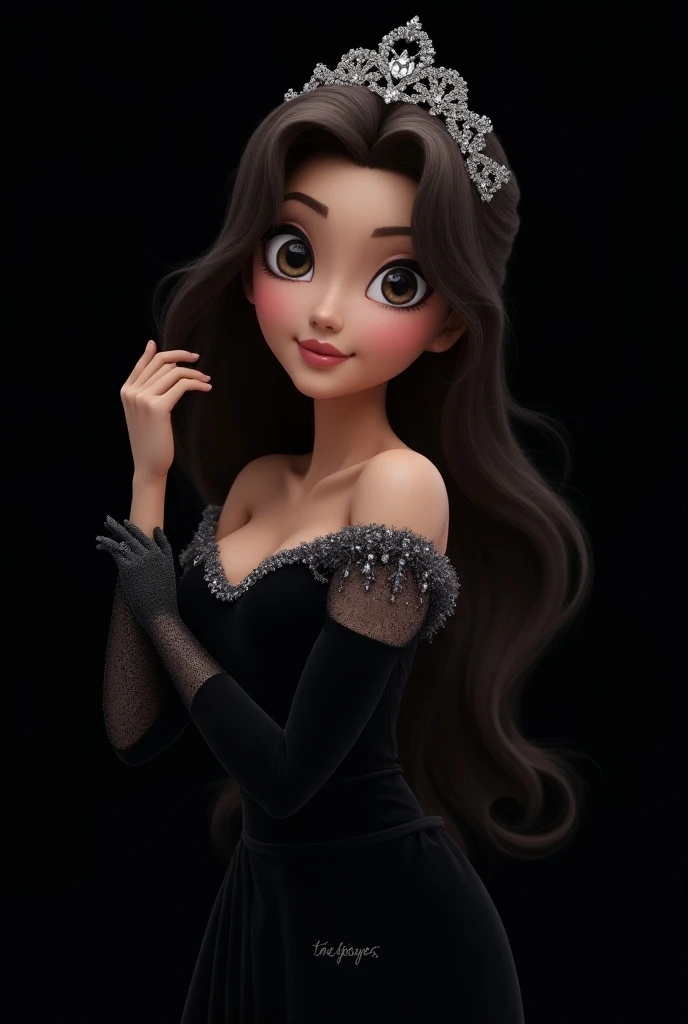 CREATE ALA BELLA BY DISNEY SE TOCA SU CABELLO MANGAS DE VESTIDO CON DIAMANTES Y EL VESTIDO NEGRO  WITH A BLACK DRESS CROWN WITH BEAUTIFUL CRYSTALS AND DIAMONDS INVITATION-STYLE TO FONDO NEGRO LETRERO CON LETRAS NEGRAS CONTORNO PLATEADO "KAROL"