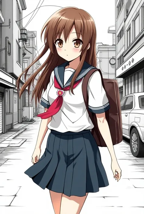  A girl with brown hair up to half her back long, brown eyes, light skin, with a school uniform, a dark blue skirt,  a white shirt and a red tie ,  has a cherry buckle . He has a backpack and is walking down the street , Manga style, black and white, comic...