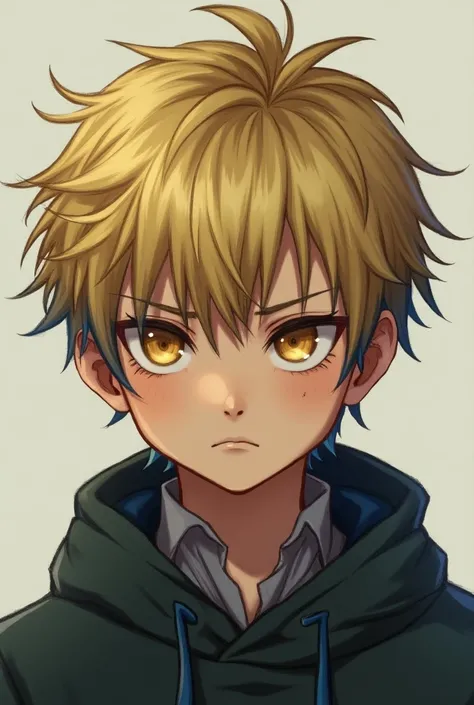 a blond boy with blue tips , short messy hair.  golden eyes and a serious expression