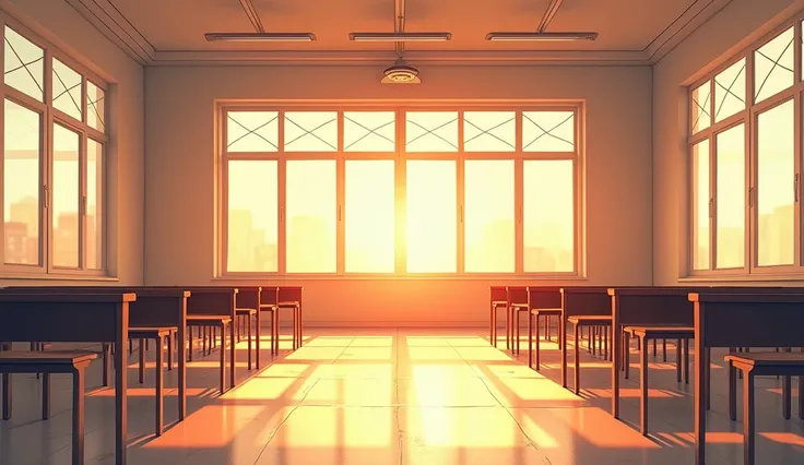  View from inside a classroom, with many windows, but without chairs , drawing style.