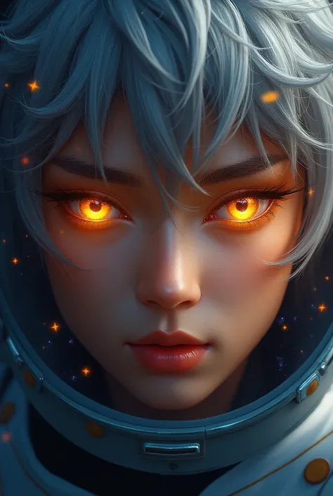 A close-up shot of the god of fire Liu Kang :1.5)0.9]، (Space and astronauts:1.2) (messy silver hair:1.1) (Heterochromia: yellow and blue eyes:1.2) (space helmet:1.0) (Colorful stars in the eyes:1.0) (radiant glow:1.1) (full lips:0.9)