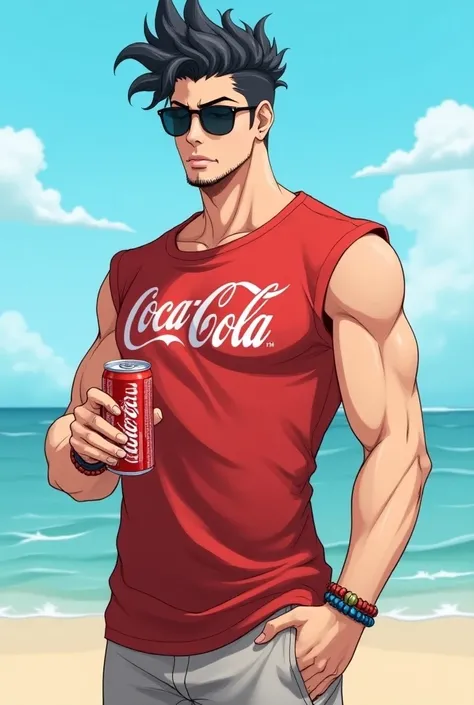  creates an anime-style character who is a man , with light skin, with hair that is too SHORT and frizzy with the tips up and black in color,  that wears sunglasses ,  wears a red sleeveless shirt with a Cocacola as a , a shorts ,  a Cocacola in the hand ,...