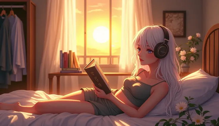 realistic, 1 girl,  white hair, crop top, skirt,  half-open lips , blush, sunset, flores, sun, luz del sun, headphones, music, bed, Room, window, books, back, reading, lying down, many, wardrobe, table. 