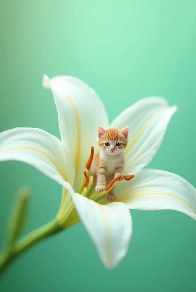 Closeup of a lily flower 、Lily petals have a jewel-like texture 、 The petals are crystal clear and transmit light、親指サイズのRealな子猫、 Kittens stand on lily petals 、Interference of light on surfaces、Real、 simple background,  background blur , photograph、 High Re...