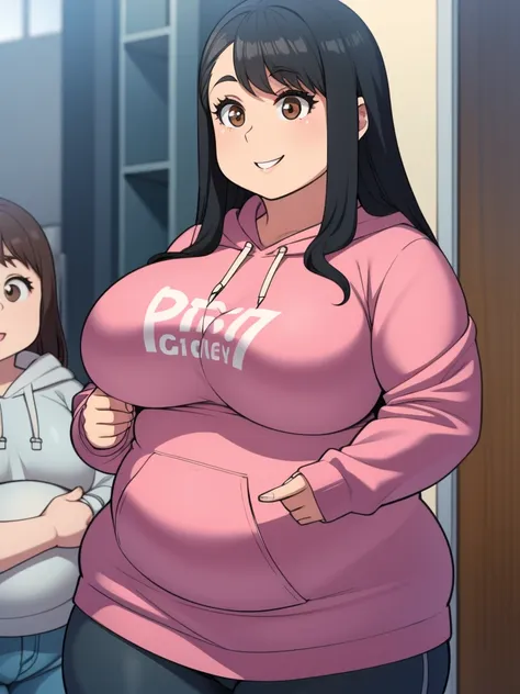 chubby girl with big breasts black hair brown eyes and long hair smiling hoodie