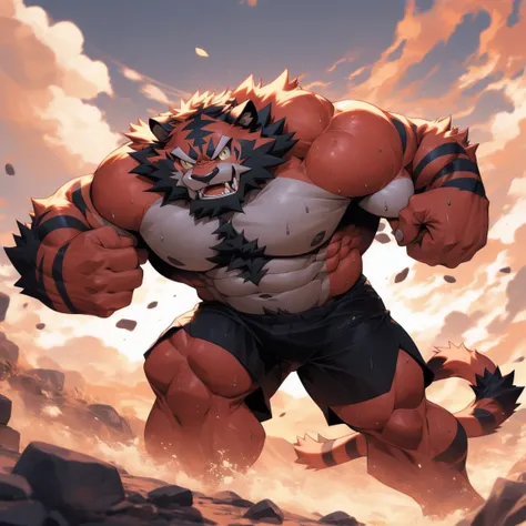 hairy, incineroar, male, full body picture,, shorts, sweat, hilltop view, dynamic poses, detailed background, very detailed, lif...