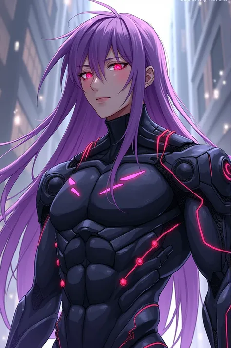 ((anime boy)), ((Cyborg)), ((Glowing red eyes)), ((long violet hair)), ((masculine)), ((muscular)),